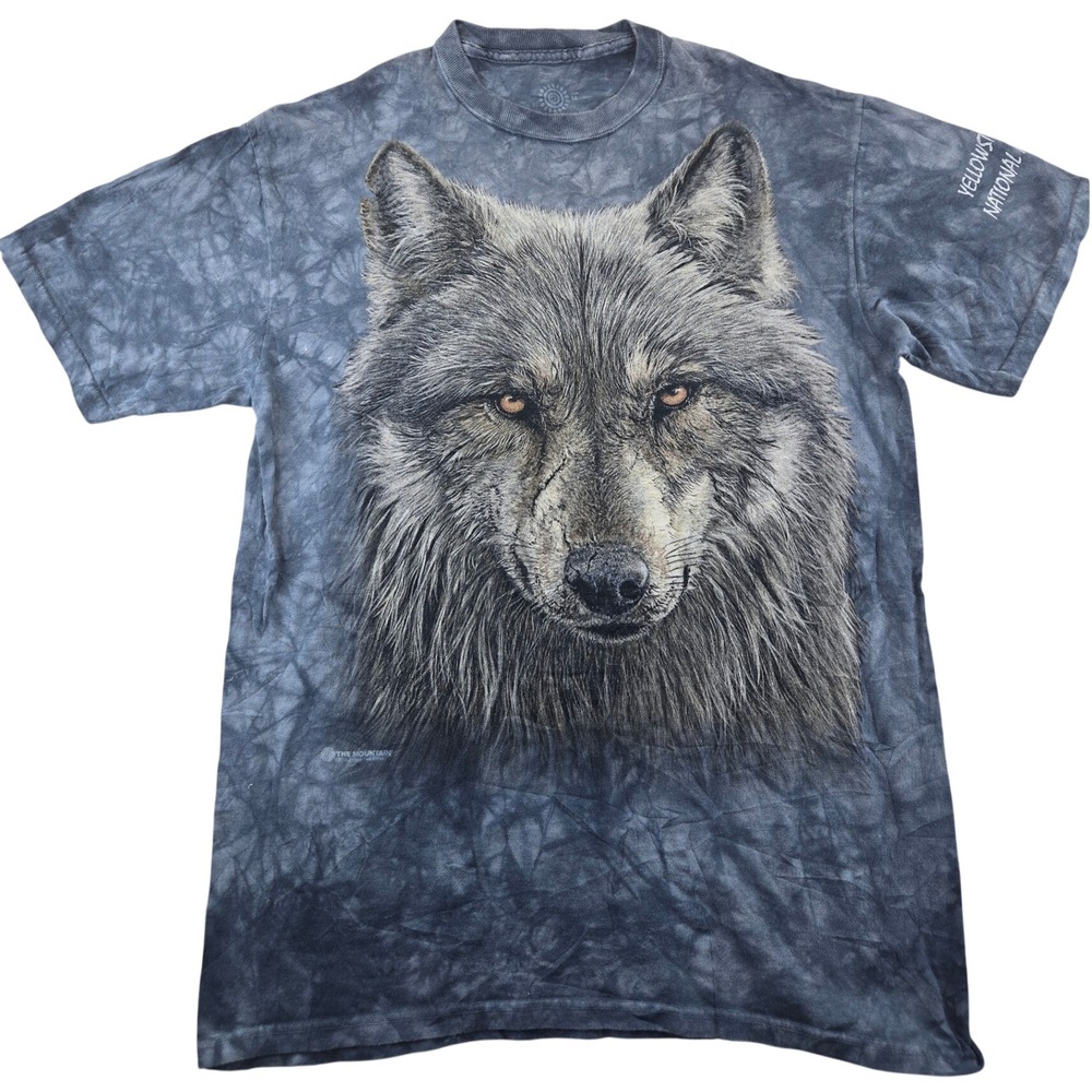 The Mountain T-Shirt Men M Blue Wolf Yellowstone National Park Tie Dye Graphic